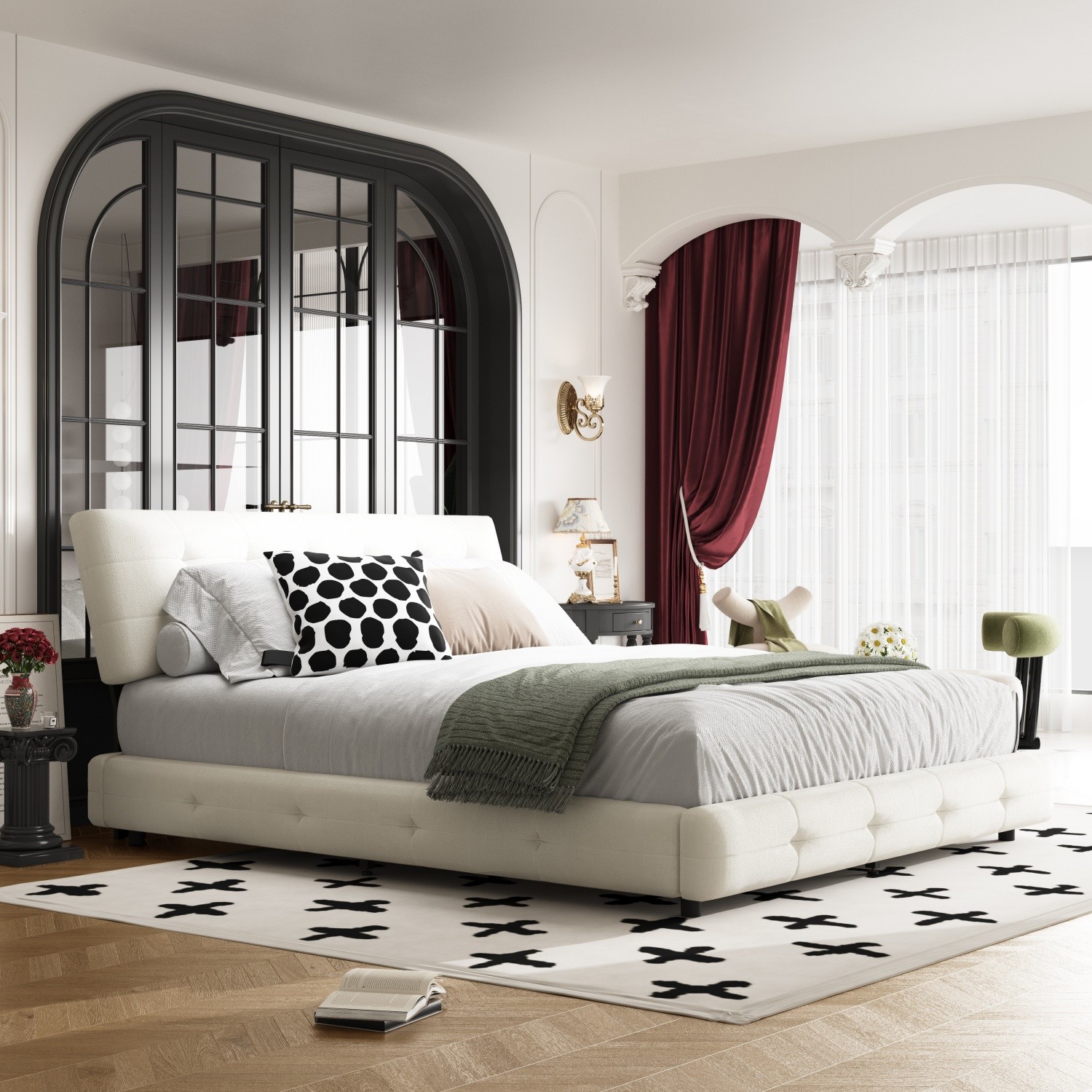 Queen/King Size Modern Upholstered Platform Bed Frame w/ Headboard & Metal Leg