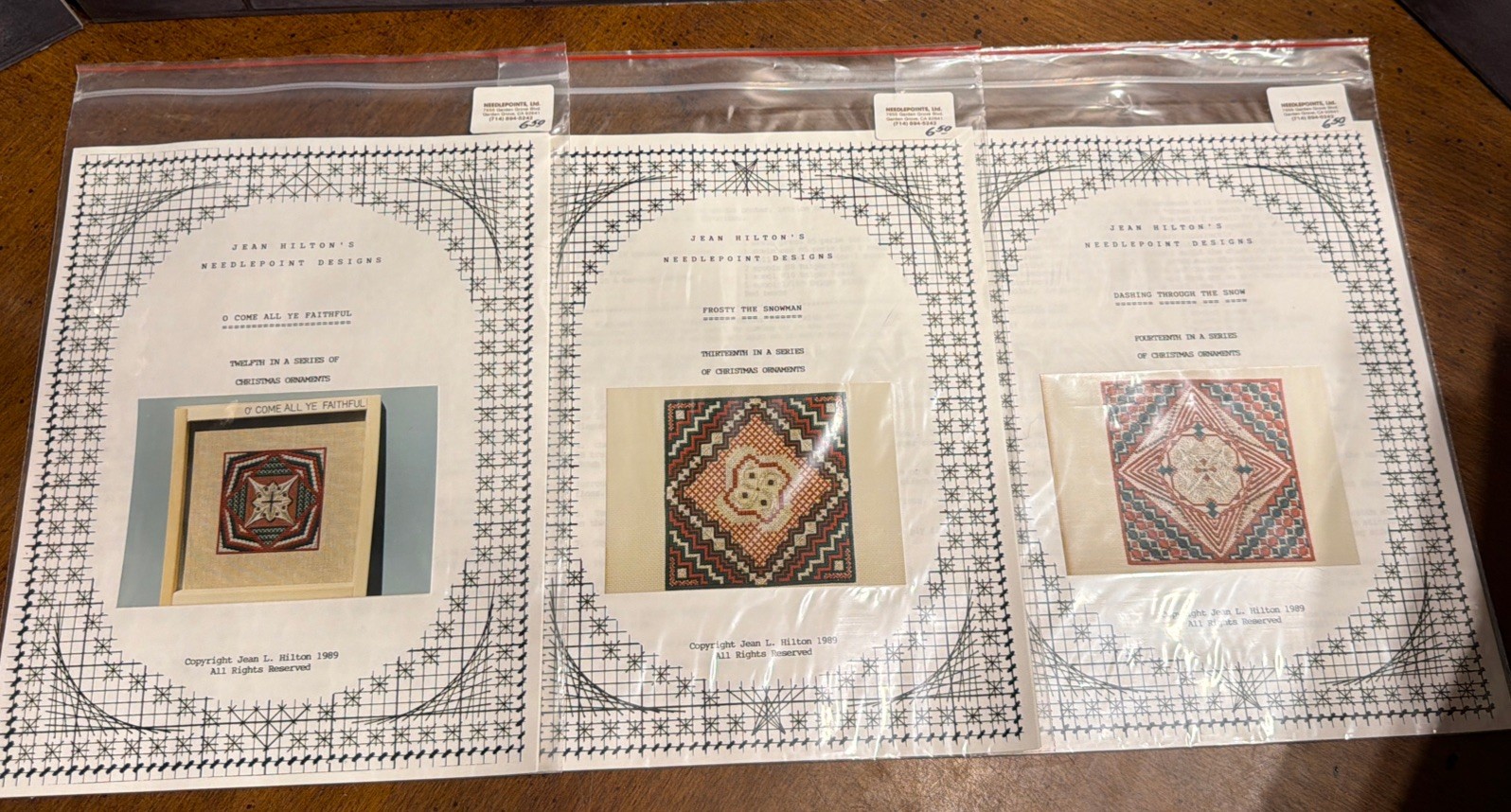 3 Vintage JEAN HILTON NEEDLEPOINT Patterns Christmas Ornaments 12 13 & 14 (1989)