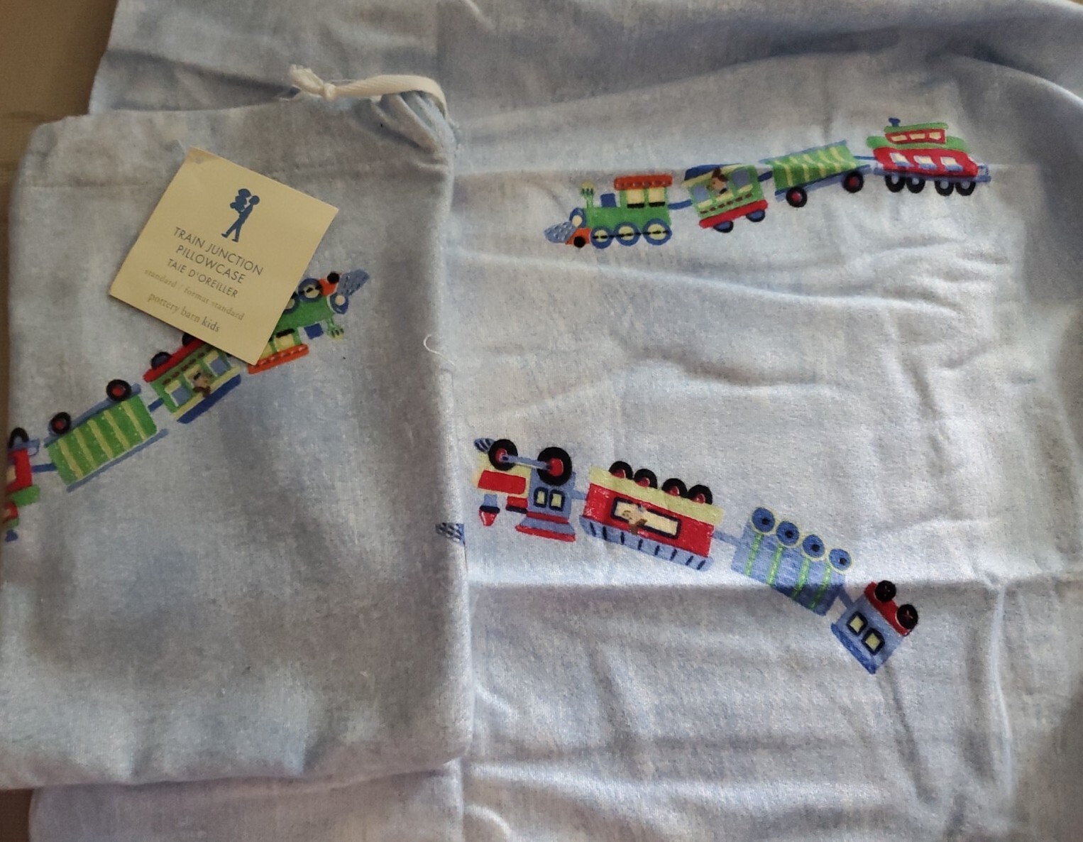New  Pottery Barn Kids TRAIN JUNCTION Blue  PILLOWCASE  Dog  Flannel
