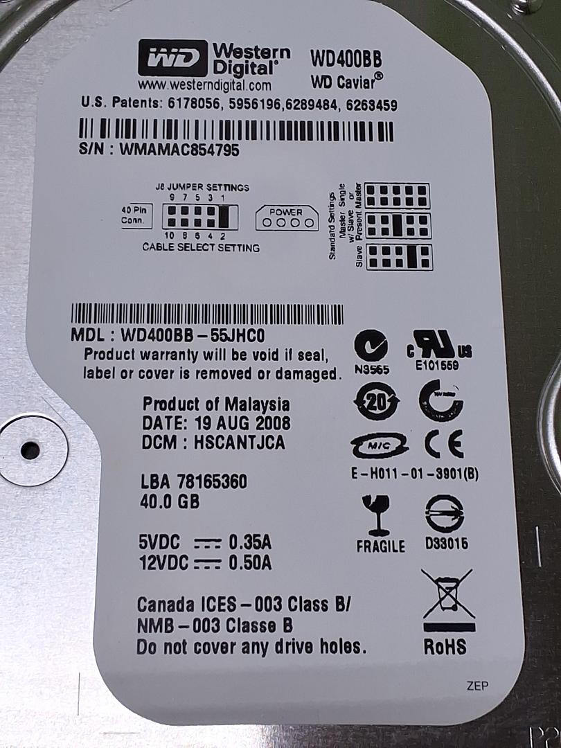 WESTERN DIGITAL WD400BB-55JHC0 HARD DRIVE