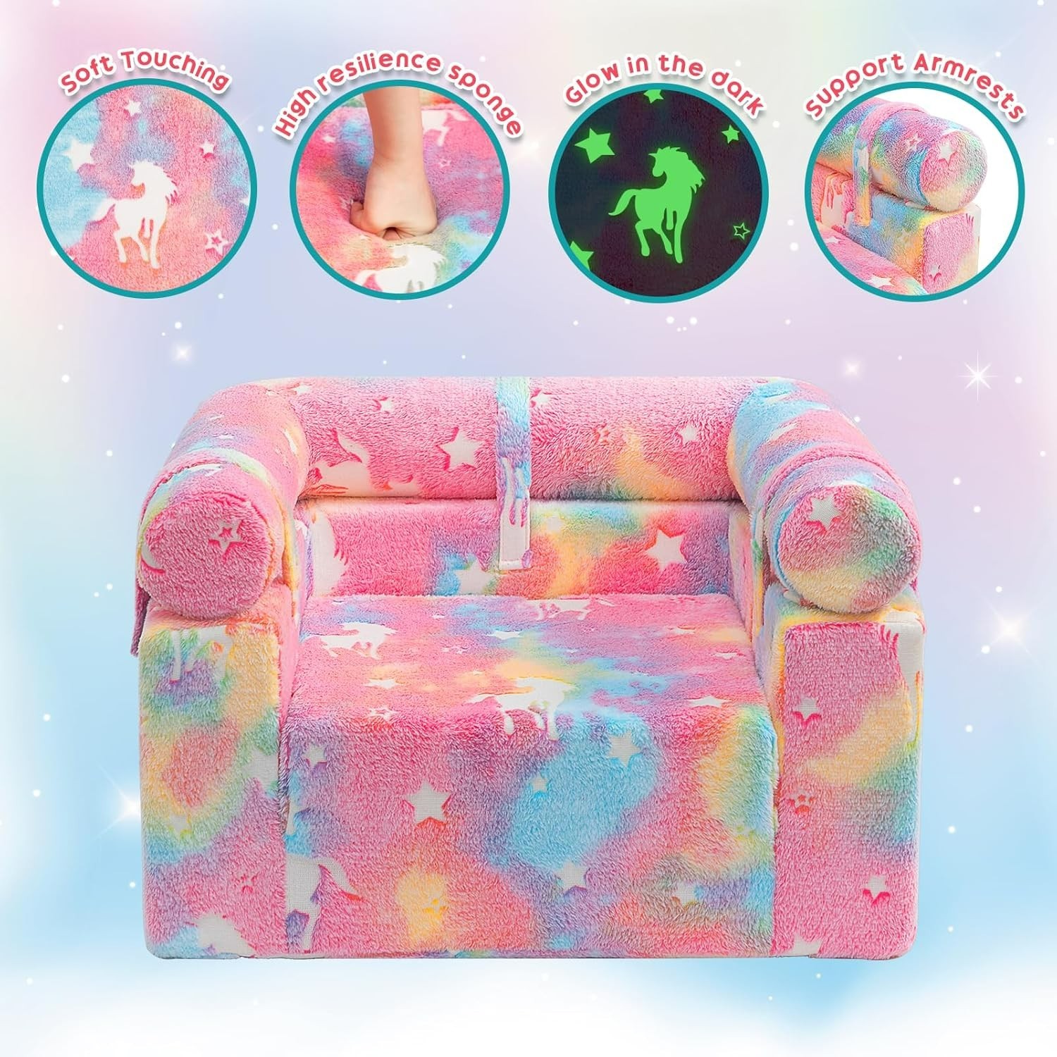 2-In-1 Flip Detachable Bolster Kids Sofa, Toddler Cuddly Reading Couch, Unicorn