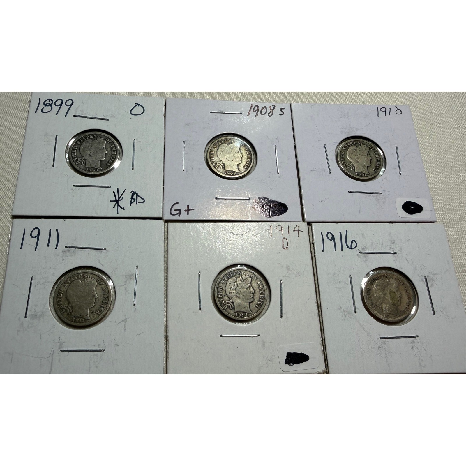 Barber Dime Lot 6 Coins 1899-O 1908-S 1910 1911 1914-D 1916 US Silver Coinage