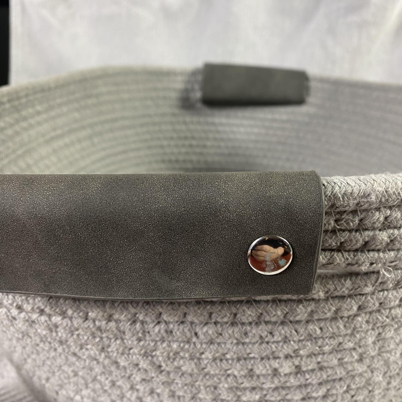Gray Braided Oval Storage Basket Medium Fabric Plastic Handles Home Organizer