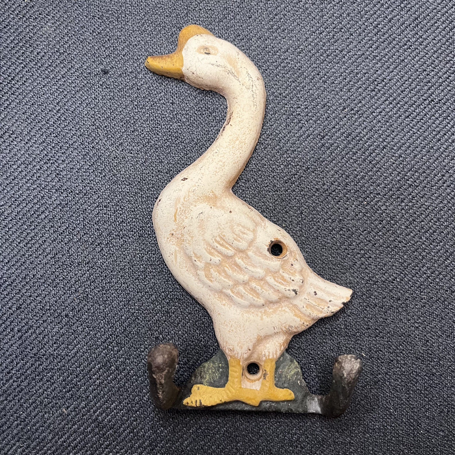 Vintage Cast Iron Goose Double Hook Wall Hanger Hand Painted Farm Decor