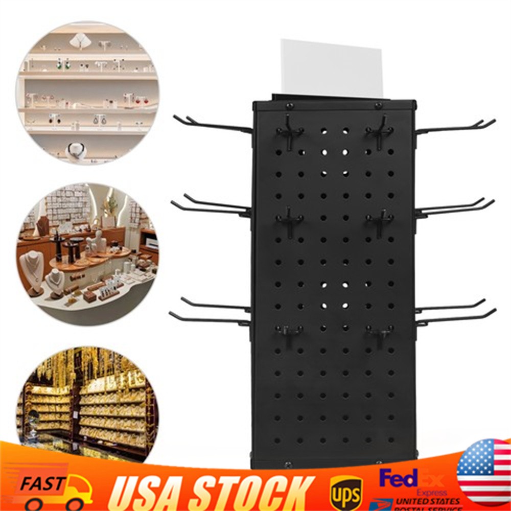 Rotating Pegboard Display Stand with 24 Hooks - 4-Sided Metal Spinning Peg Board