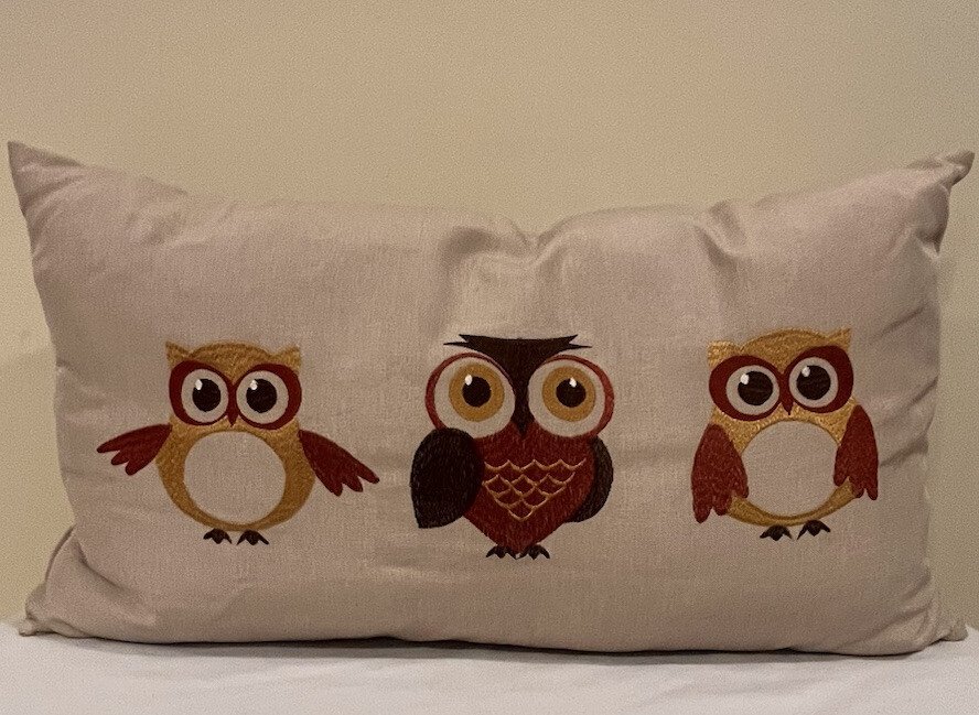 Fall 24x14 RECTANGLE Three STITCHED EMBROIDERED OWLS Lumbar  PILLOW Multi Colors