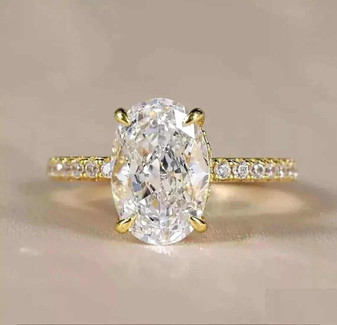 Oval Cut 3.50 Ct White Moissanite Prong Engagement Ring 14K Yellow Gold FN
