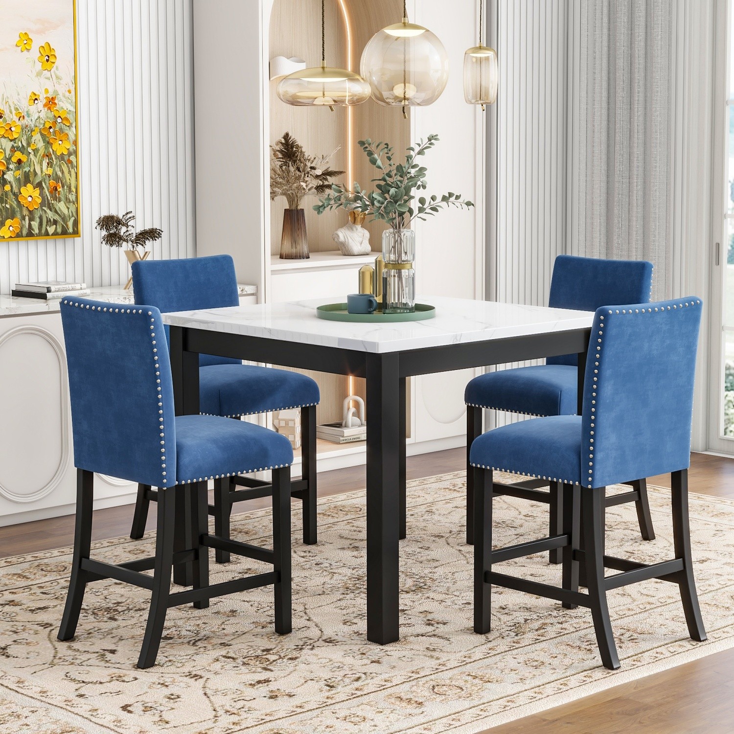 5-Piece Counter Height Dining Table Set Square Wood Table with 4 Padded Chairs
