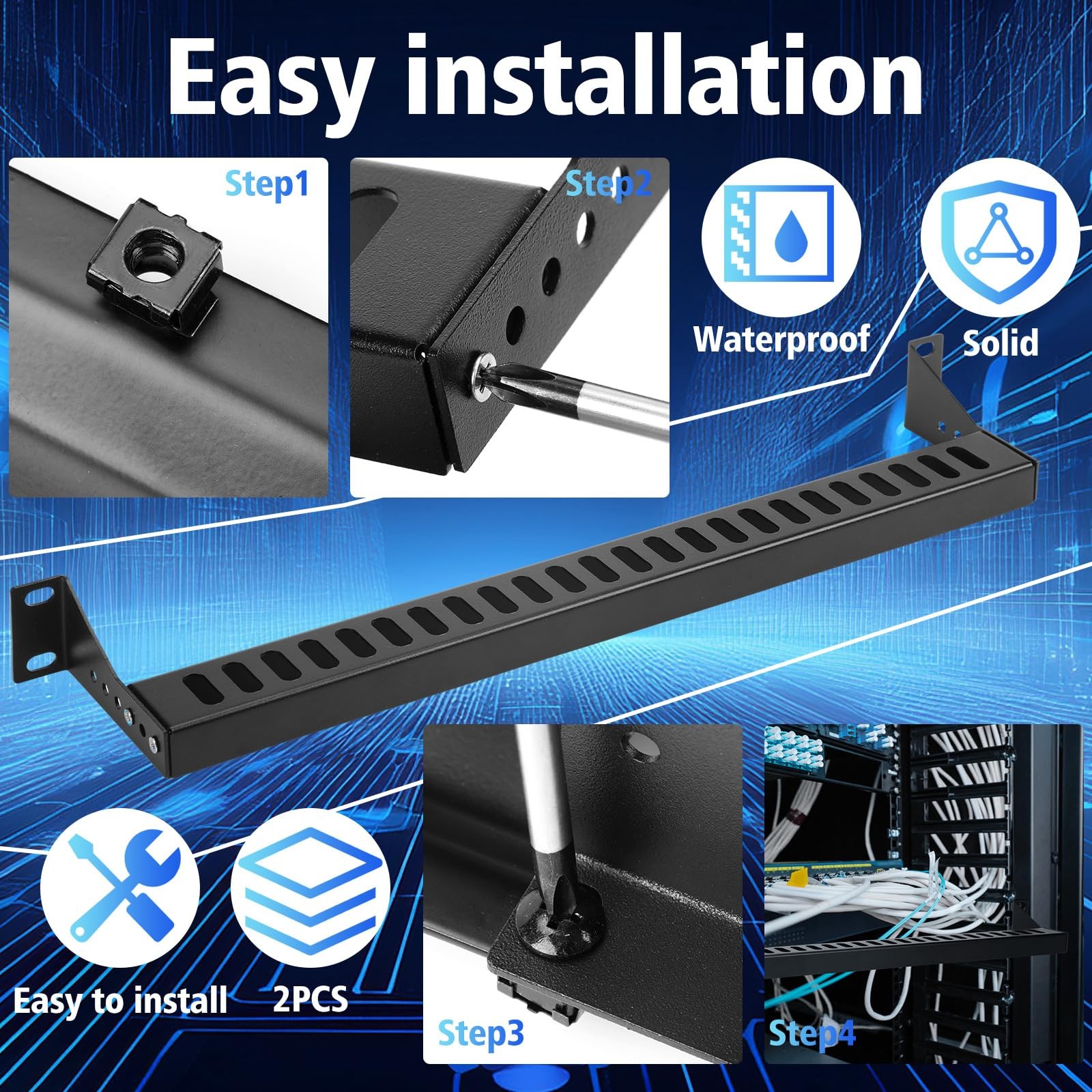1U 19 Inch Rack Mount Cable Management Horizontal Bracket Lacing Bar 2 PCS