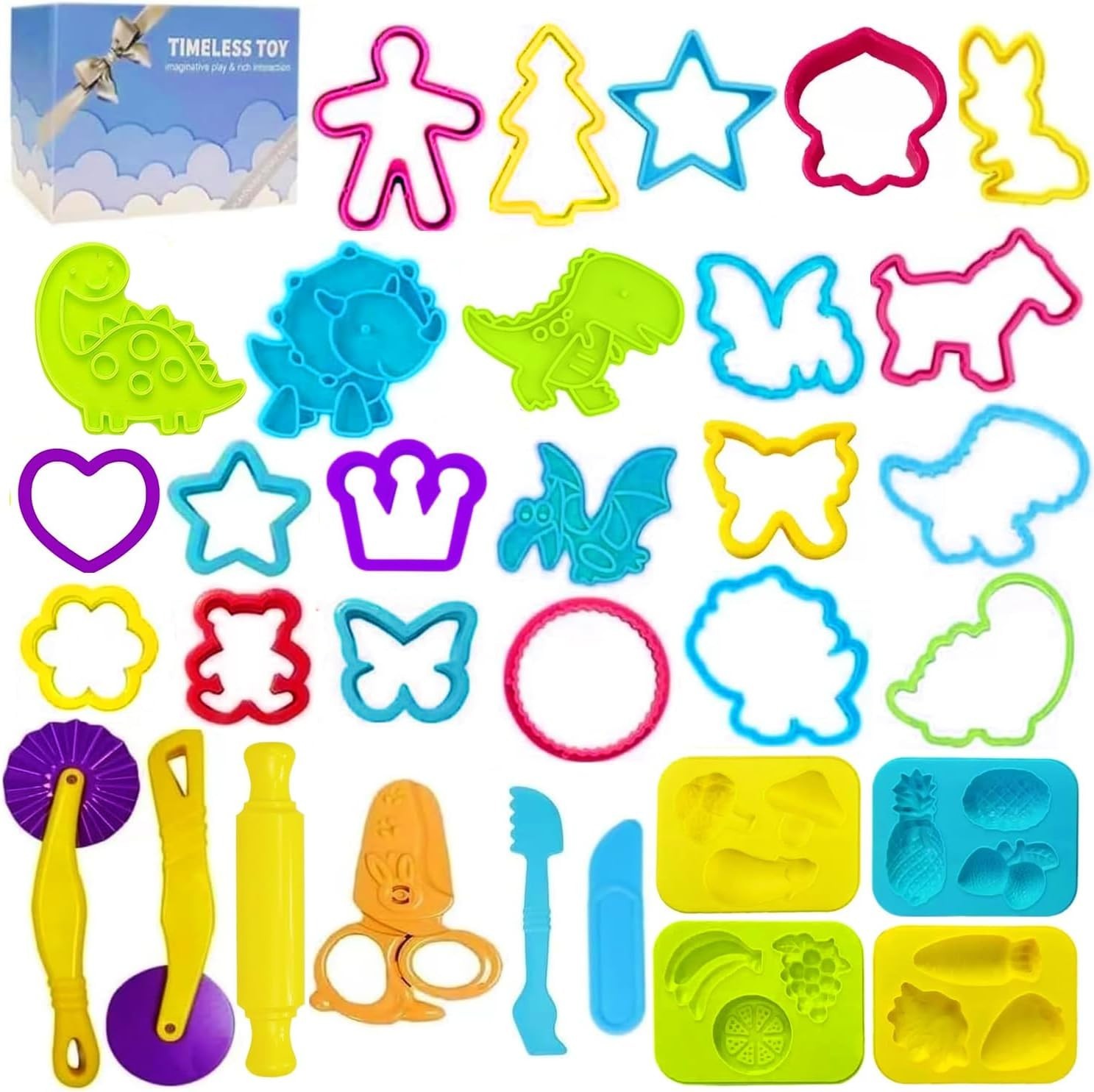 Dough Tools Play for Kids-Dough Accessories Molds Dinosaur Fruit Roller Cutter S
