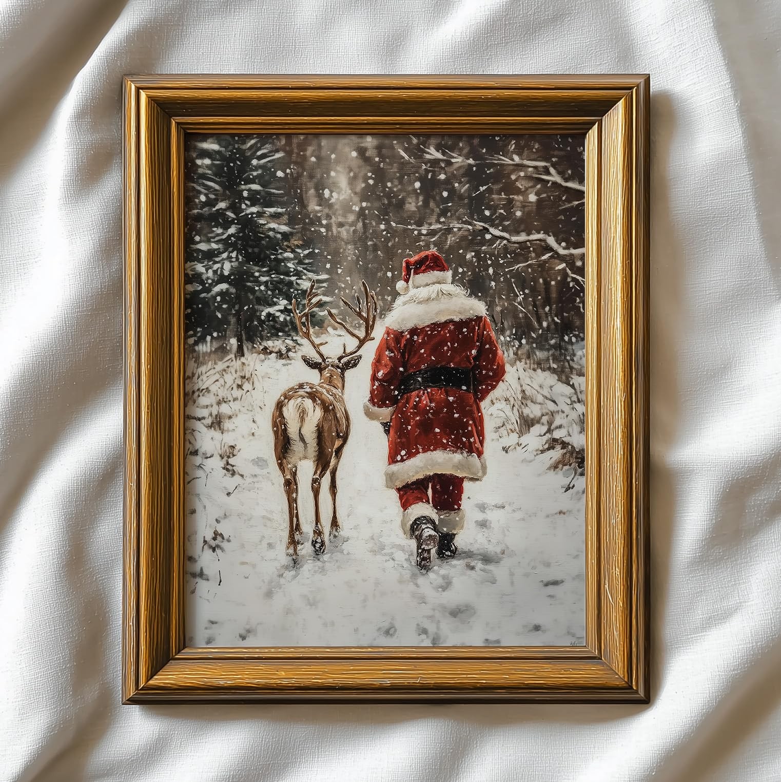 TwoDays Vintage Christmas Wall Art - Moody 14"L x 11"W, Santa Claus Reindeer