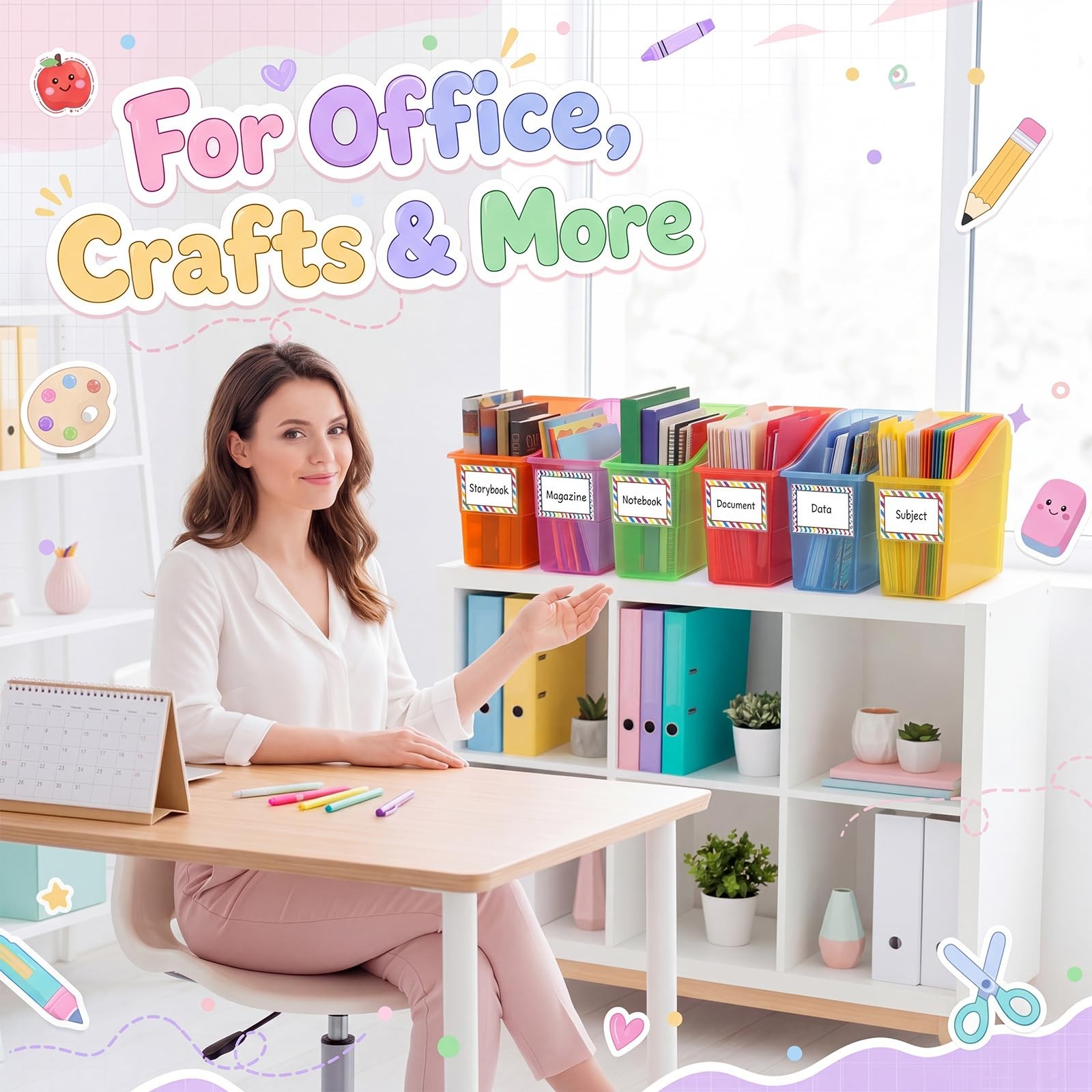 12 Set Book Bins for Classroom with Label Sticker Book Box Baskets Plastic St...