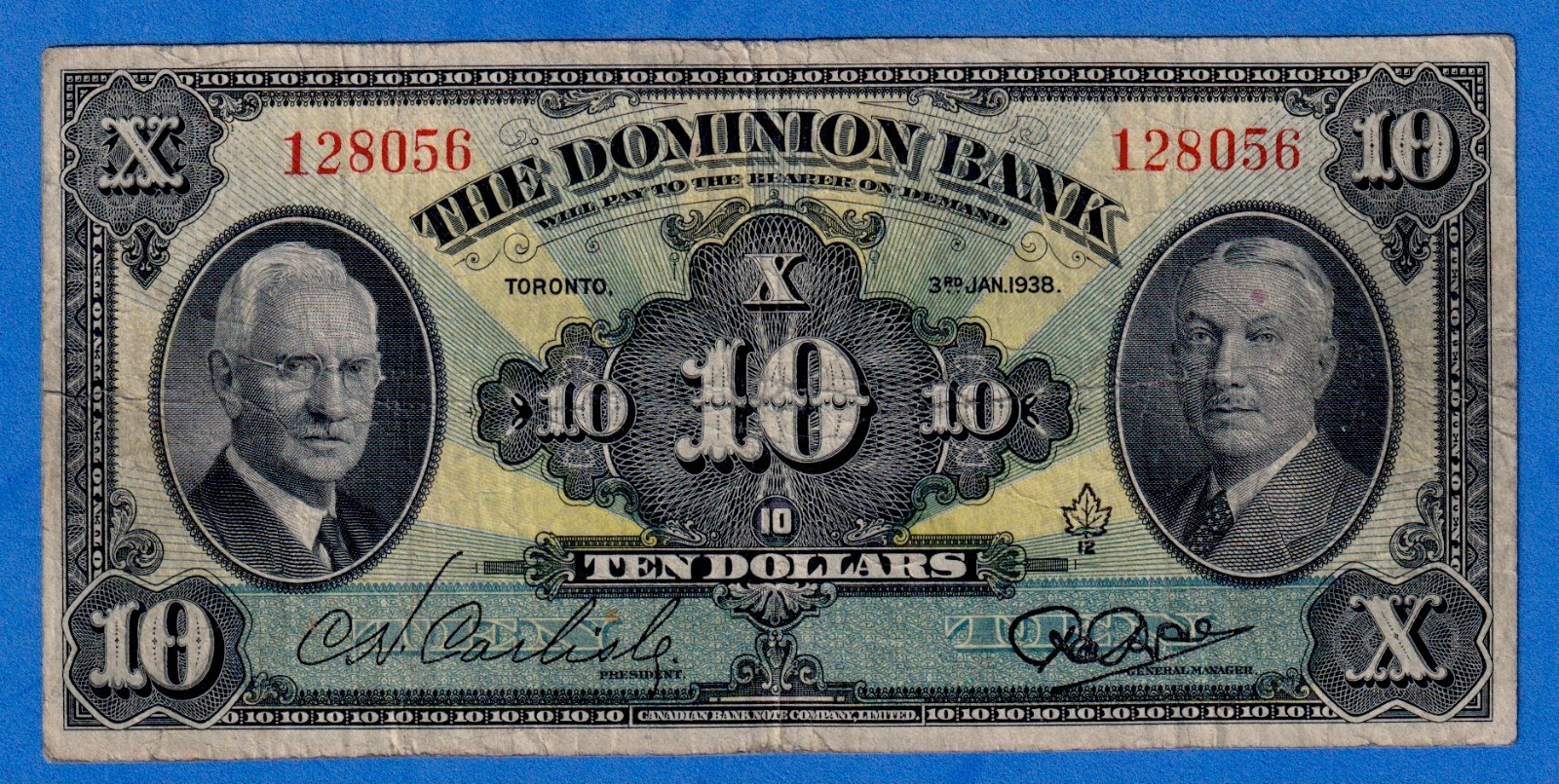 Canada 1938 The Dominion Bank $10  Circulated Note - 128056