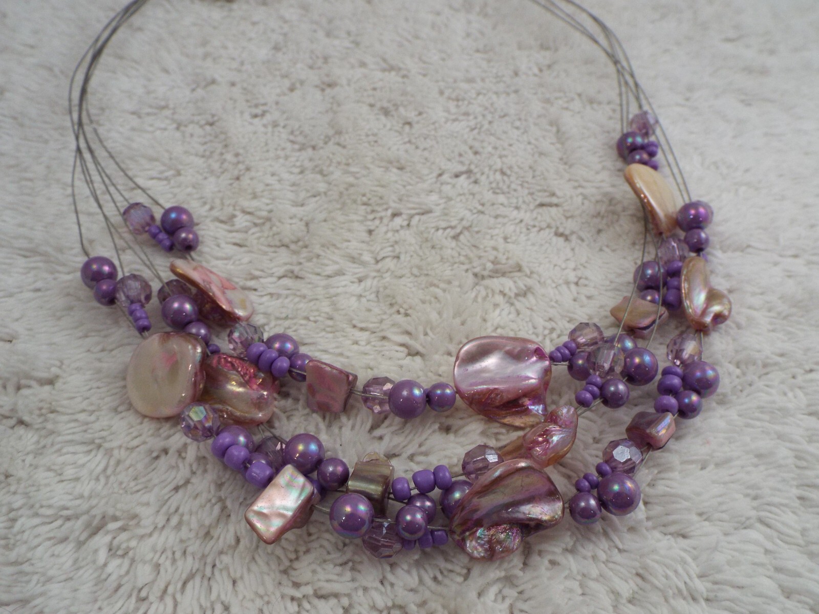 Pink Shell Purple Bead Multi Strand Necklace (F46)