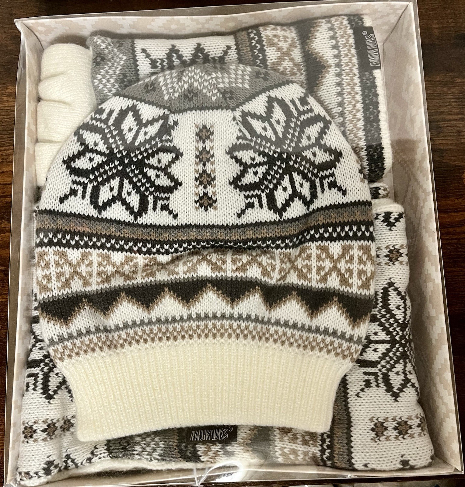 Muk Luks Reversible, Brown/Grey & Ivory Beanie Scarf Wrist-Warmers Gloves Adult
