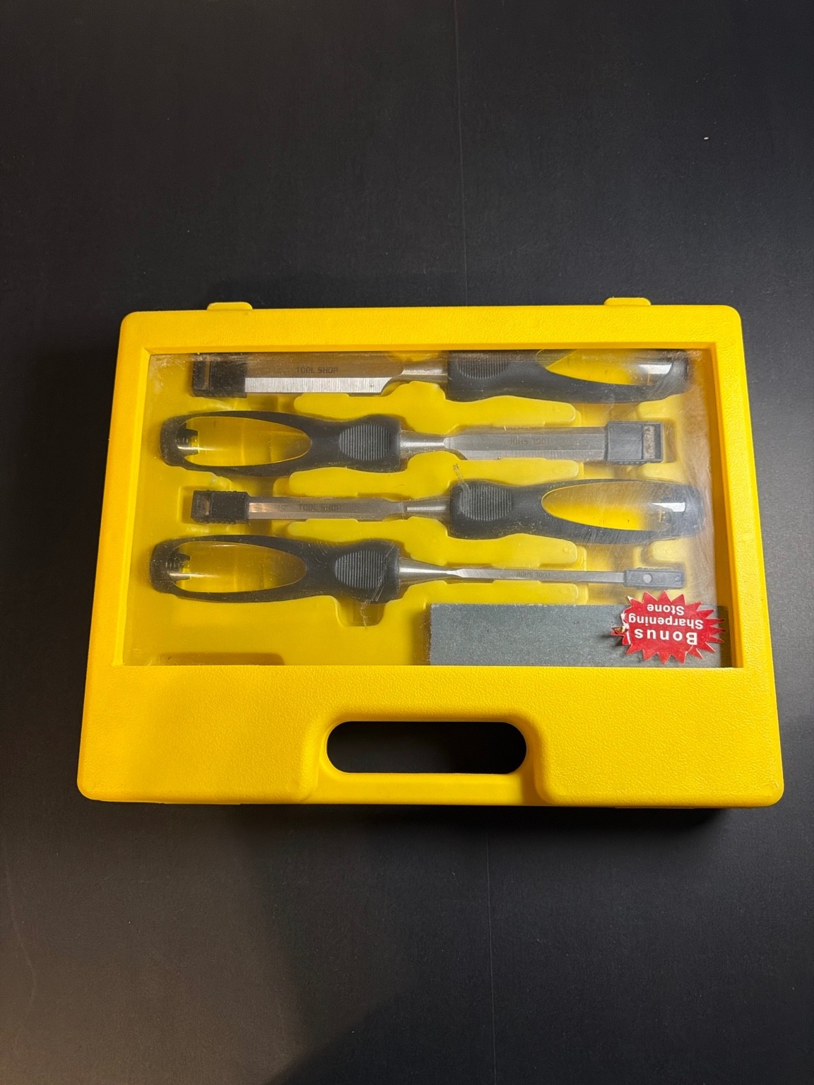 Tool Shop Wood Chisel Set 4pc 1/4 1/2 3/4 1” w/ Case & Sharpening Stone