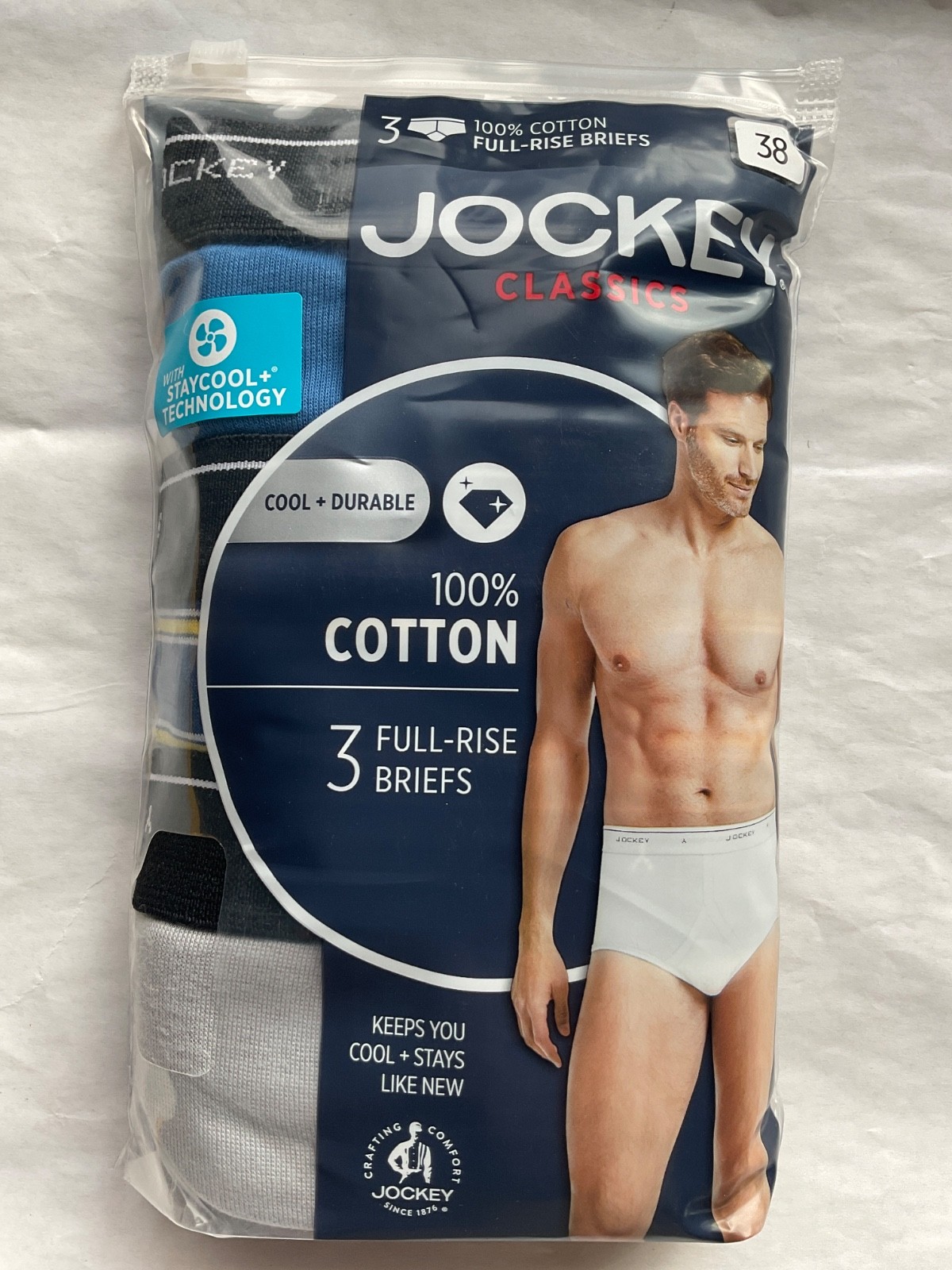 Jockey Classic 100% Cotton Full Rise Brief 3 Pack New Men Blue Gray Stripe