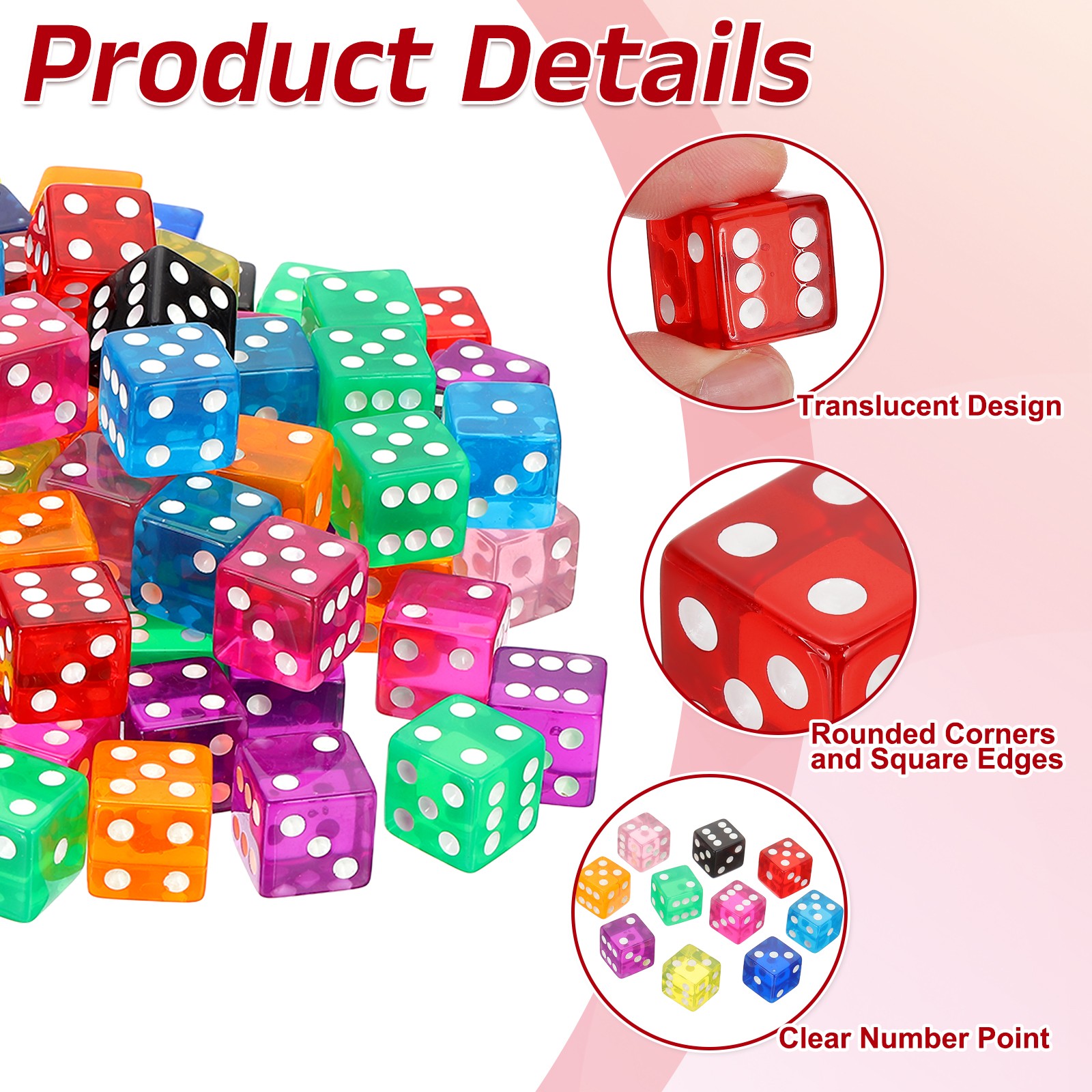 100Pcs 19mm/0.75" Acrylic Translucent Rounded Edge D6 Dice, Red