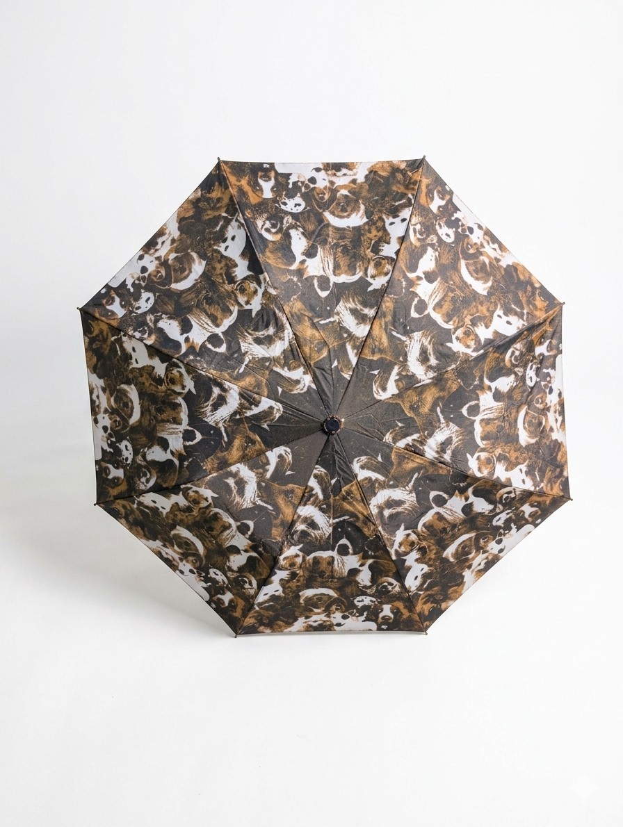 Vintage Dog Print Compact Folding Umbrella Brown White Black