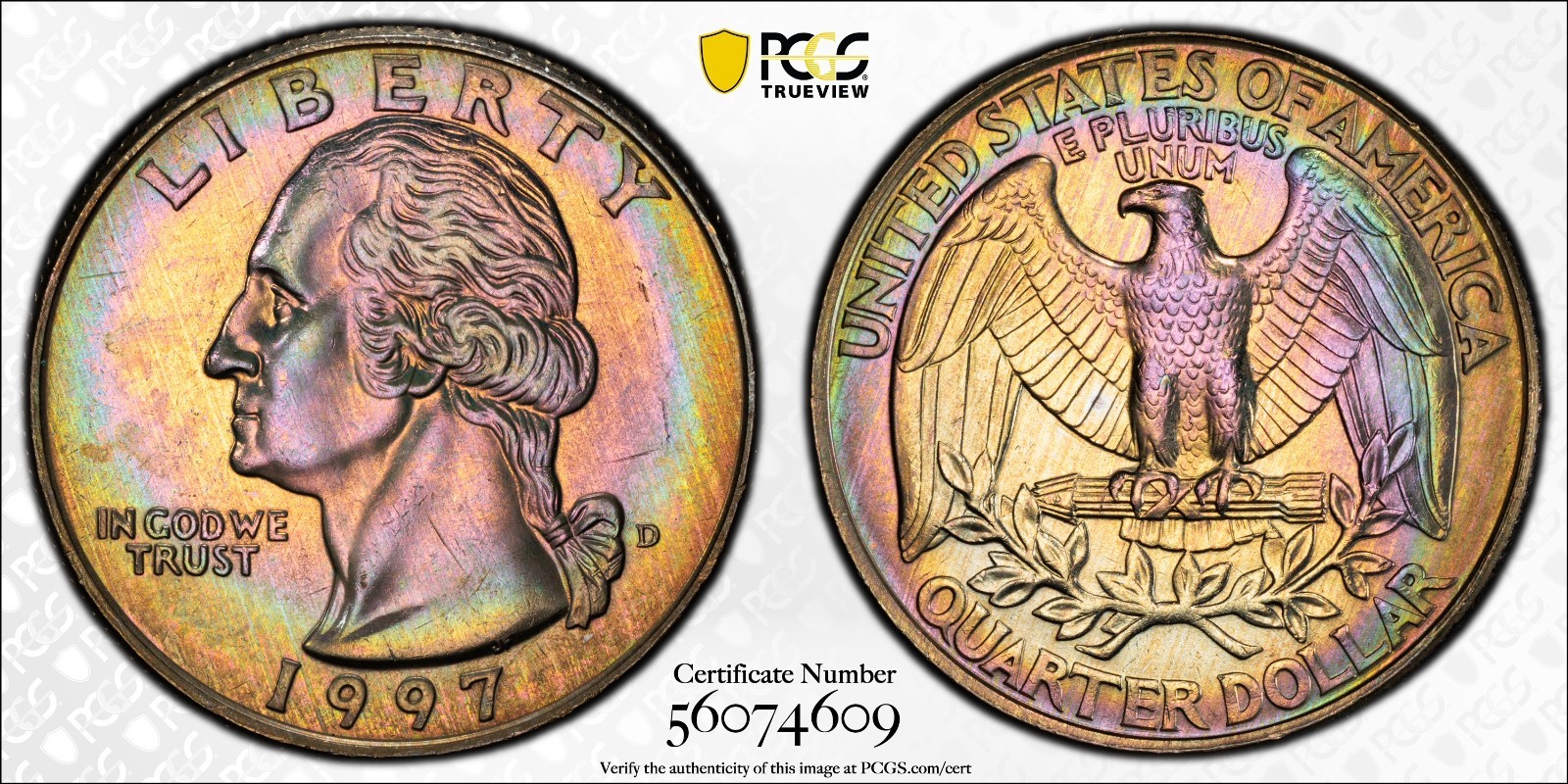 MS65 1997-D 25C Washington Quarter, PCGS Trueview- Rainbow Album Toned