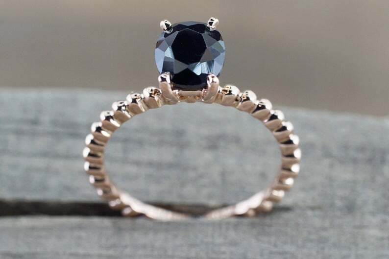 1.05ct Simulated Black Simulated Diamond Ring Beaded Solitaire Rose Gold Plated
