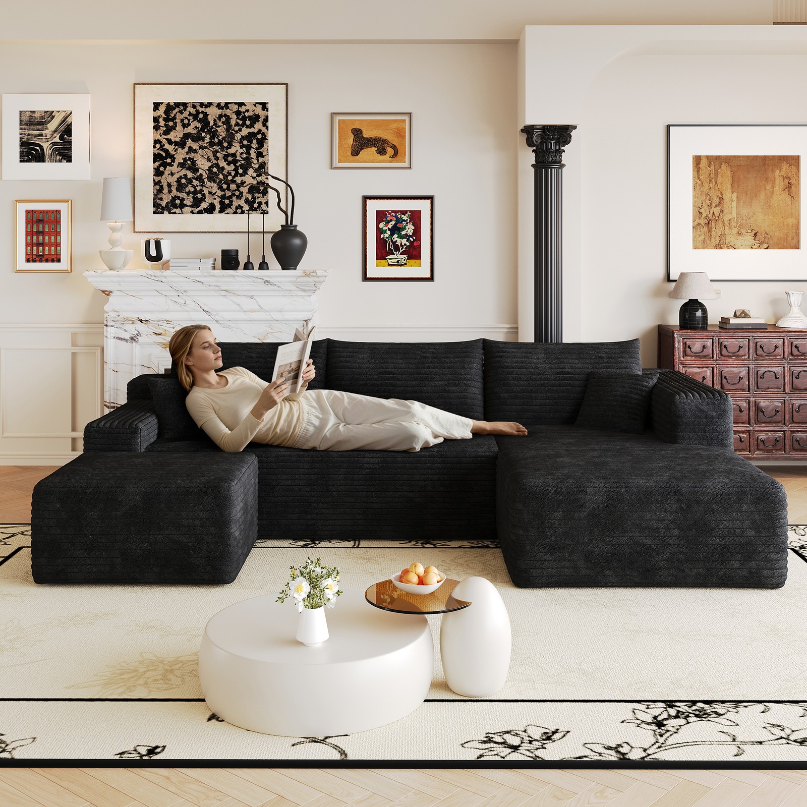 103" Cloud Sectional Sofa, Modern Minimalist L-Shaped Couch, Black Corduroy