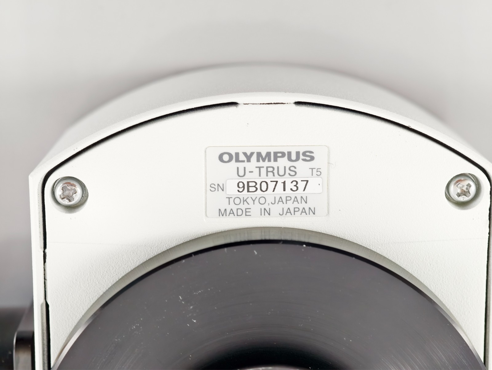 Olympus Microscope U-TRUS with Riser and Optem 0.5x C Mount Camera Adapter