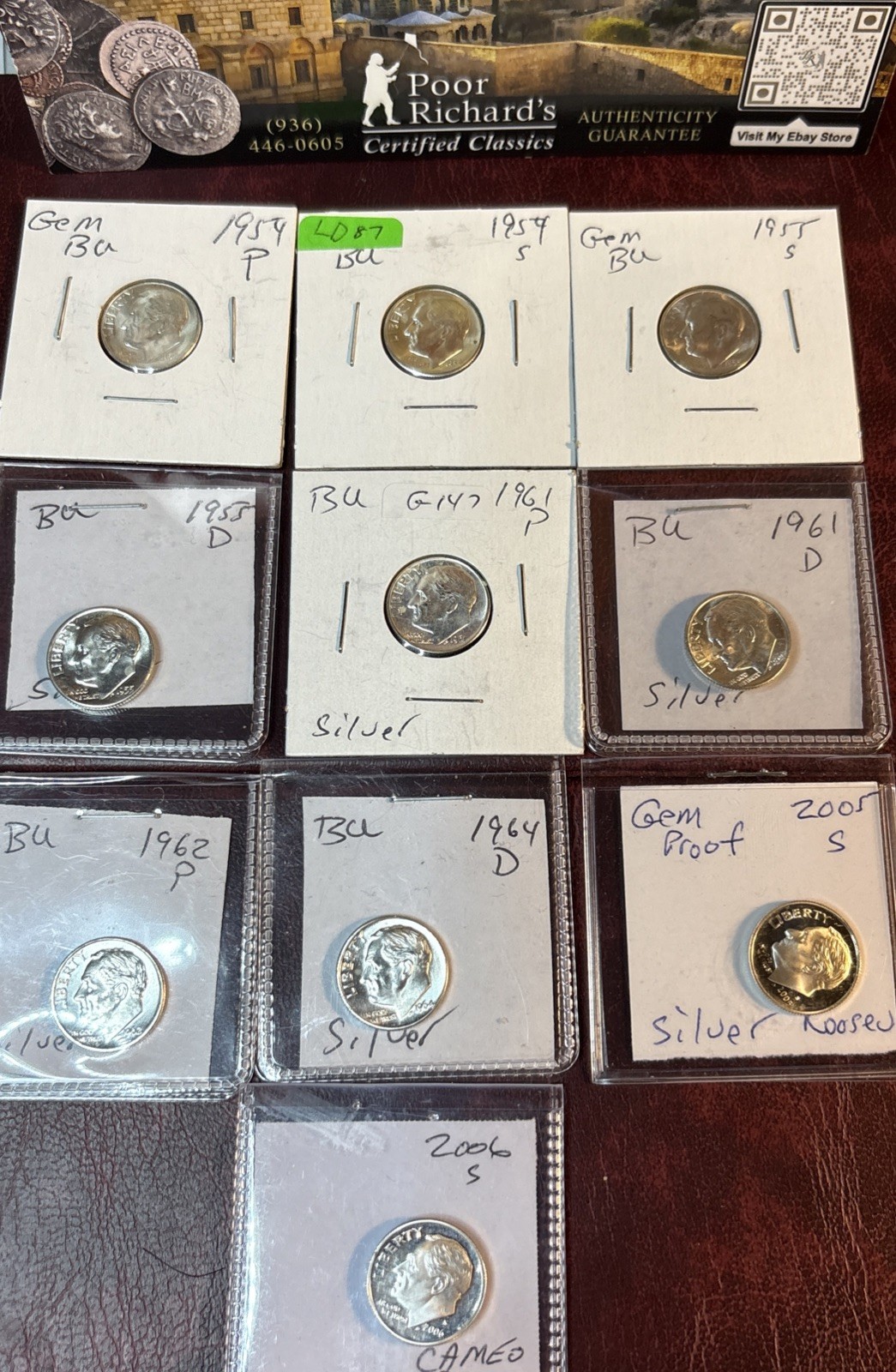 90% Silver Dimes-Bullion Prices! 10 Diff BU & PR Shown .728 Oz Pure Silver! LD87