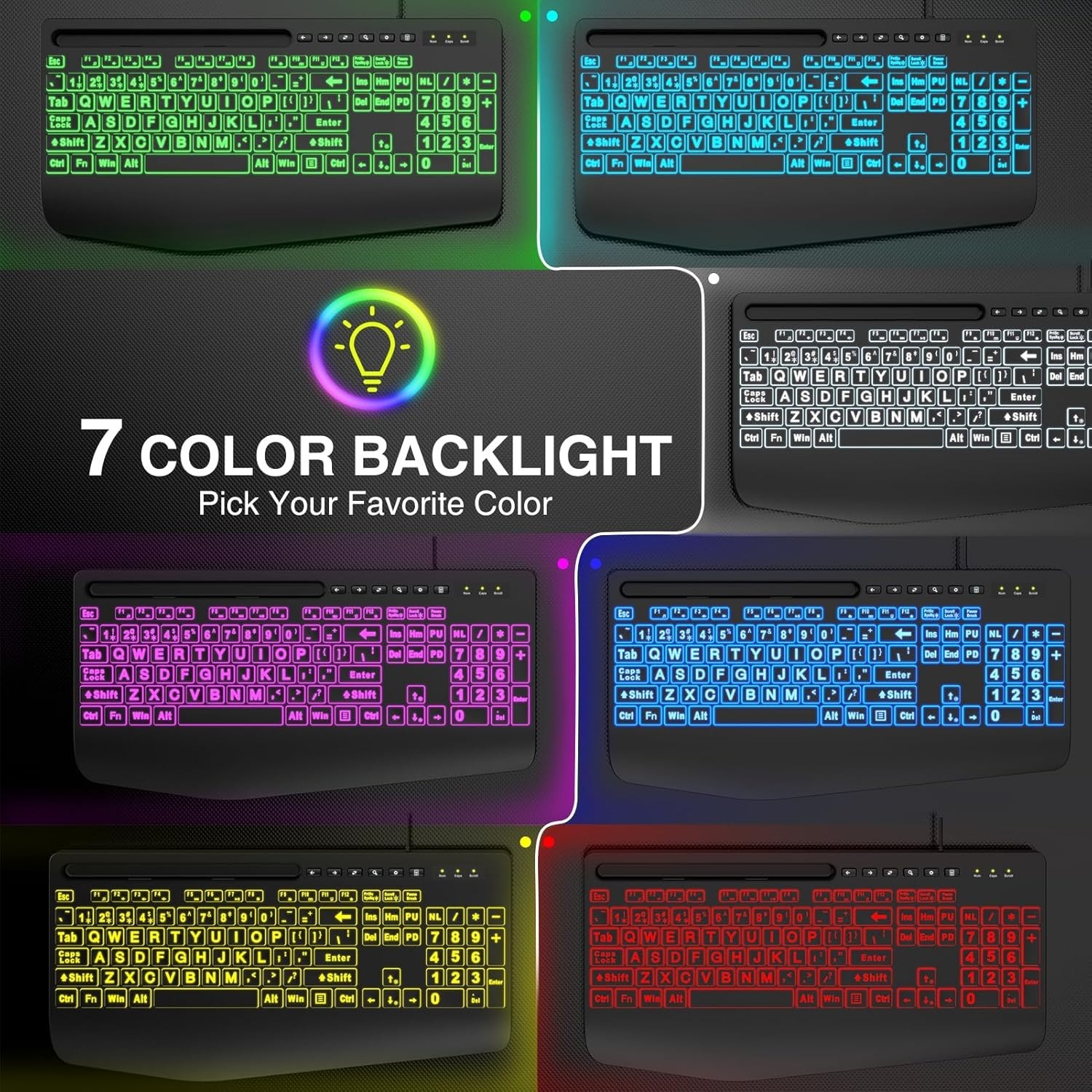 Large Print Backlit Keyboard, Wired USB Lighted Computer Keyboard-7 colors