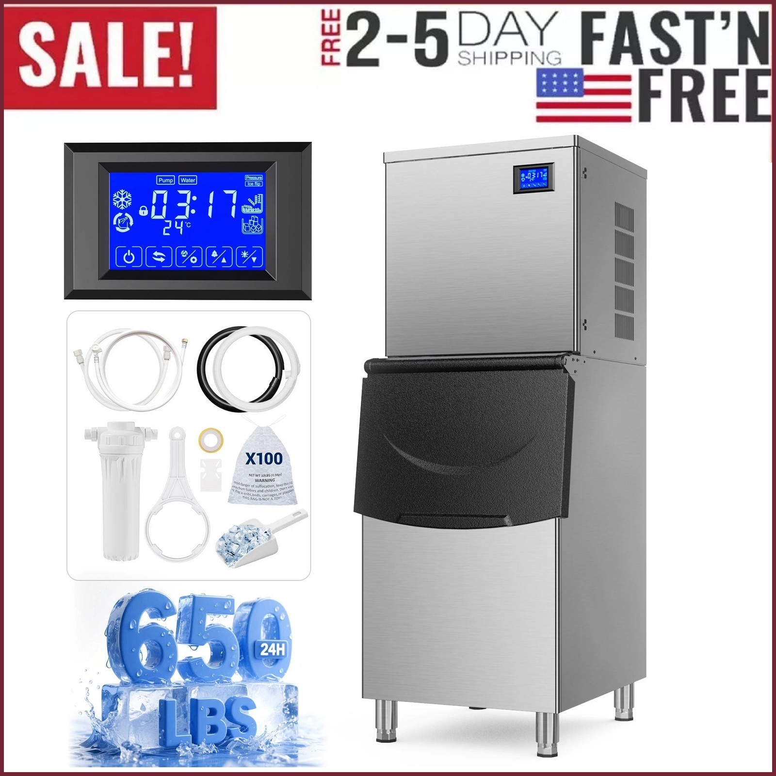 Heavy Duty 650Lbs/24H Commercial Ice Maker Machine 450Lbs Industrial Ice Machine