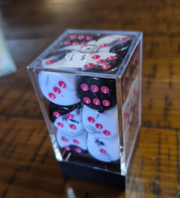 D&D BLOCK DICE 12 MARBLED BLACK WHITE PINK PIPS Dugeons and Dragons