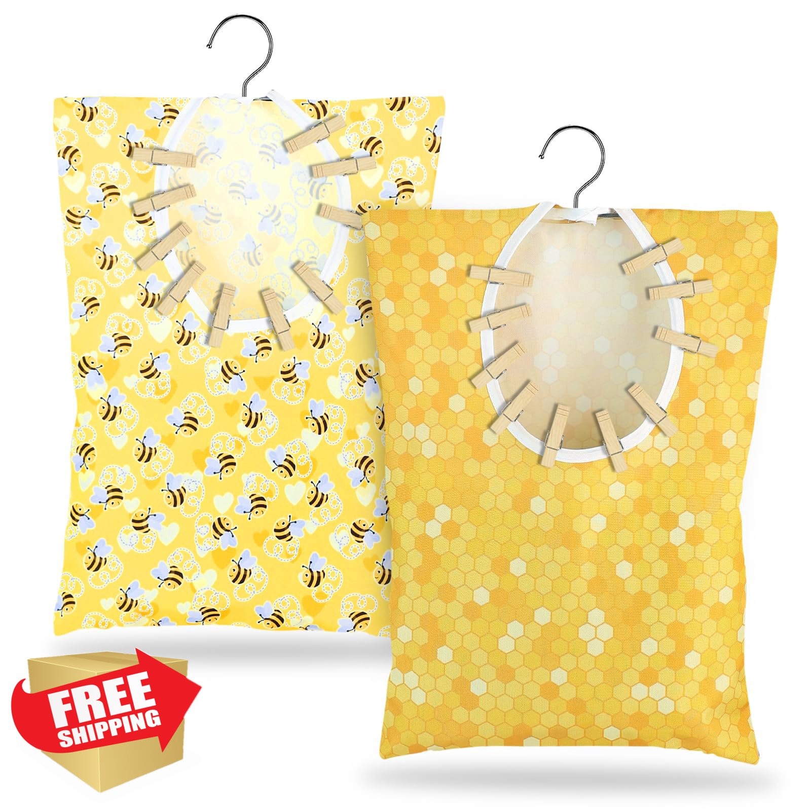 Bee Honeycomb Clothespin Holder Bag 2 Pcs 15x11 Inch Laundry Outdoor