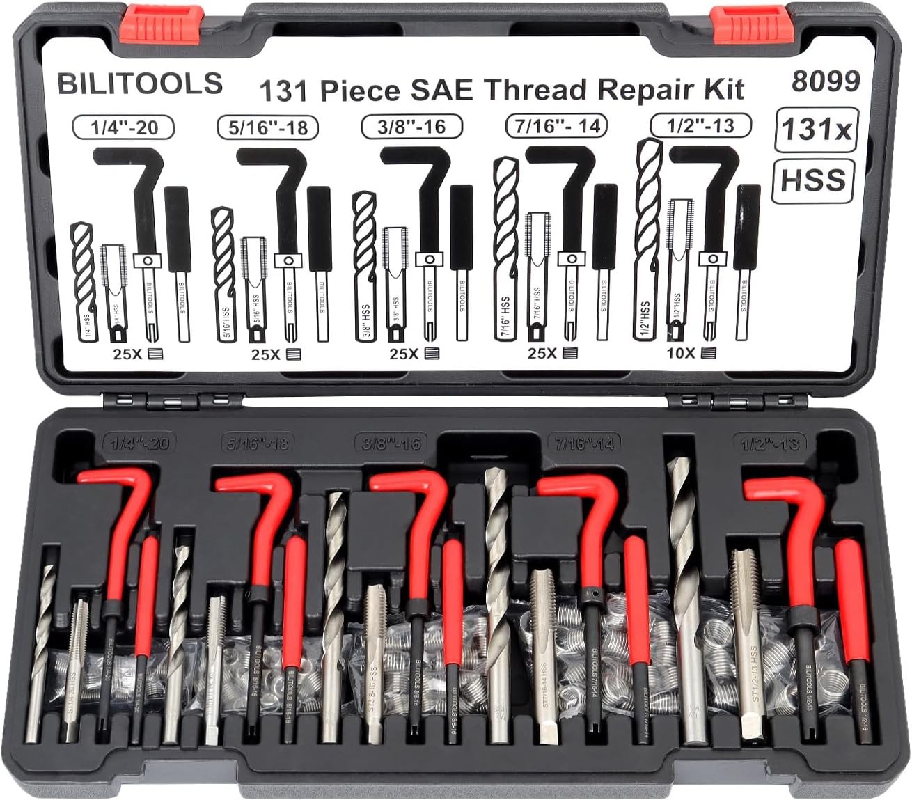 BILITOOLS Helicoil Thread Repair Kit SAE, 131-Piece HSS Drill 1/4 - 1/2 Inch