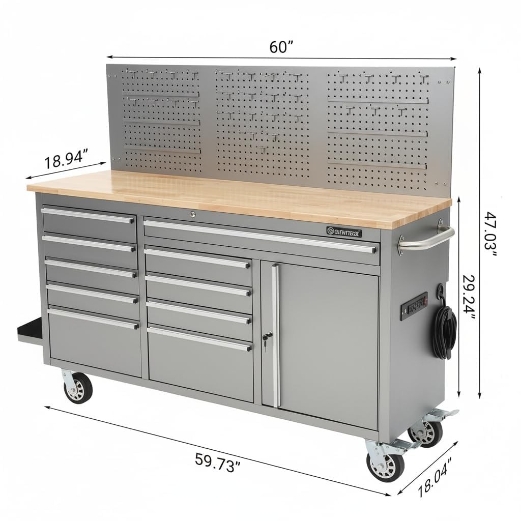 61-inch Rolling Tool Chest, 10 Drawers Garage Workbench Storage Tool Cabinet
