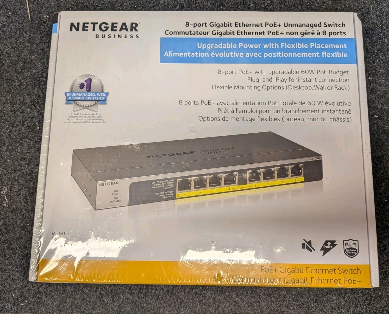 NEW Netgear GS108LP-100NAS 8-Port Gigabit Ethernet PoE+ Unmanaged Switch 60W Q47
