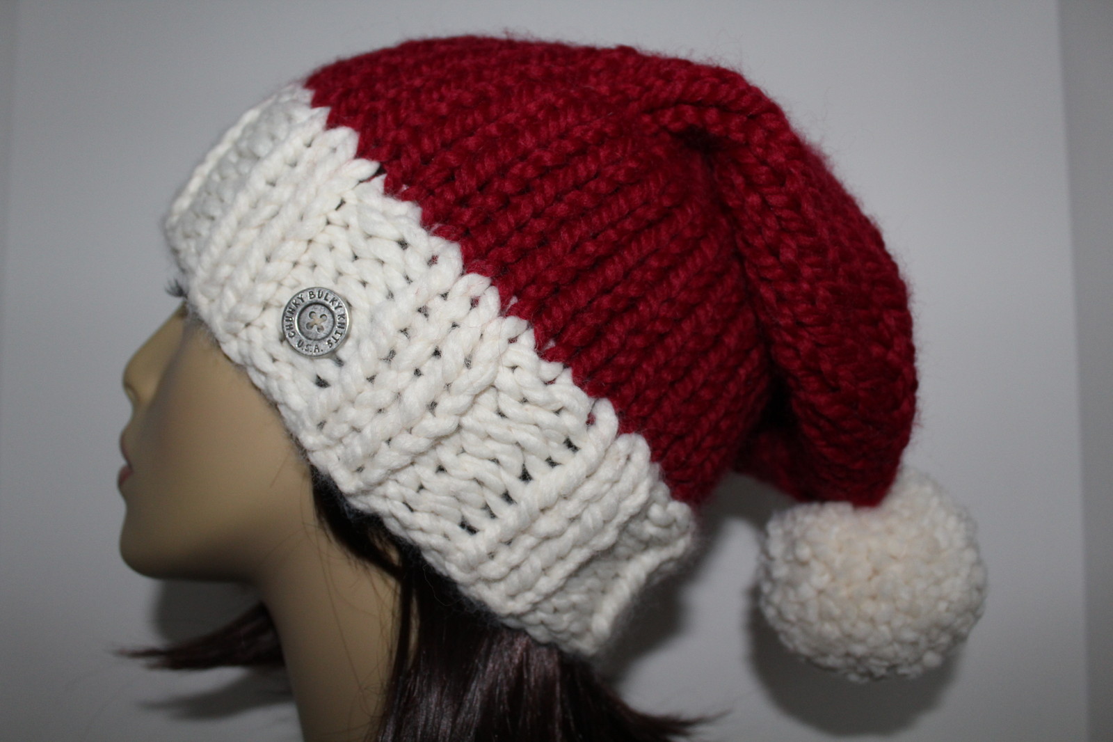 Santa Claus Chunky Hand Knit Unisex Red Cranberry & Ivory Slouchy Pom Pom Hat
