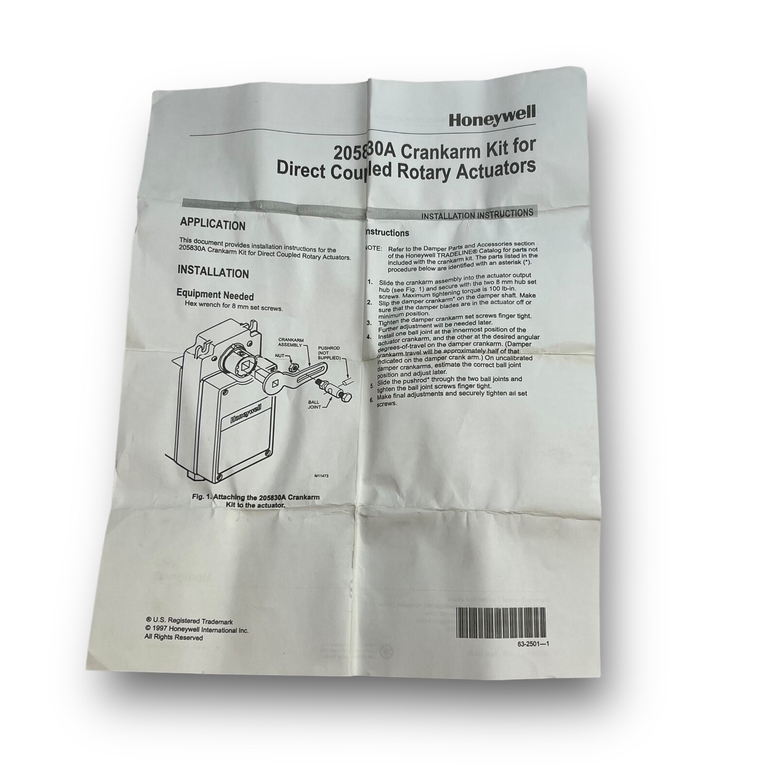 Honeywell 205830A Crank Arm Kit