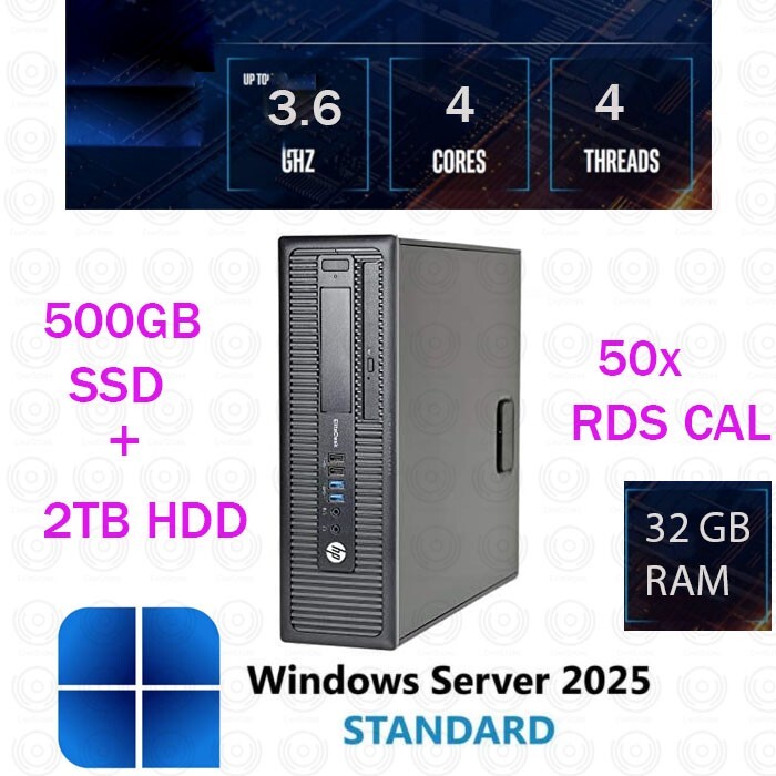 HP elite QUAD CORE 32GB RAM 500GB SSD + 2TB Windows server 2025 Standard RDS CAL