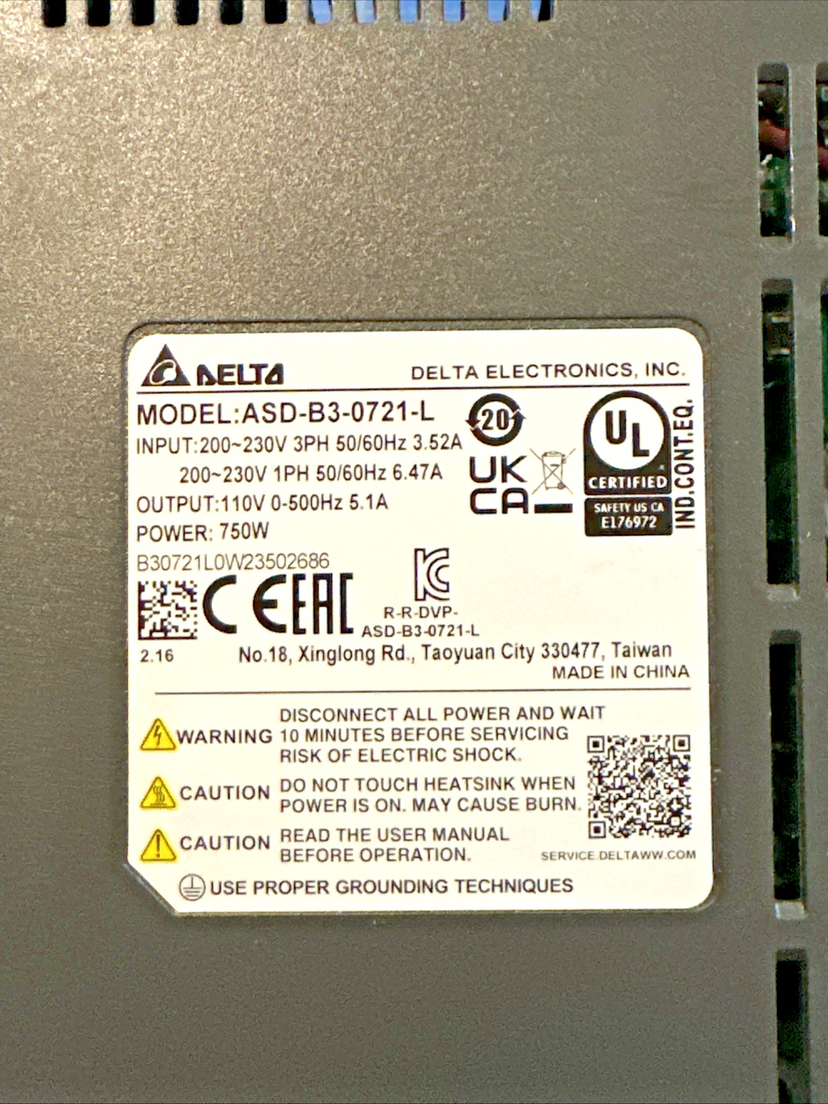 Delta ASD-B3-0721-L Servo Drive New