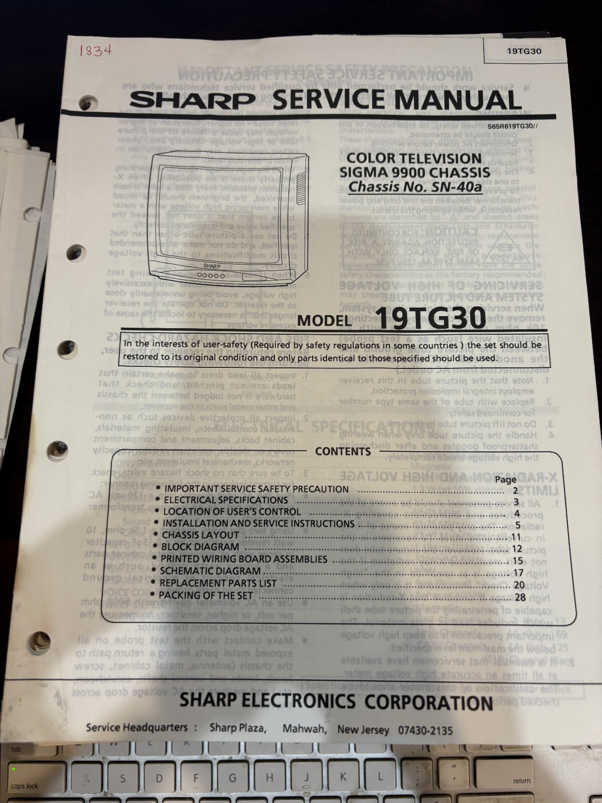 ORIG. SHARP 19TG30 TV Repair & Service Manual *ORIGINAL*