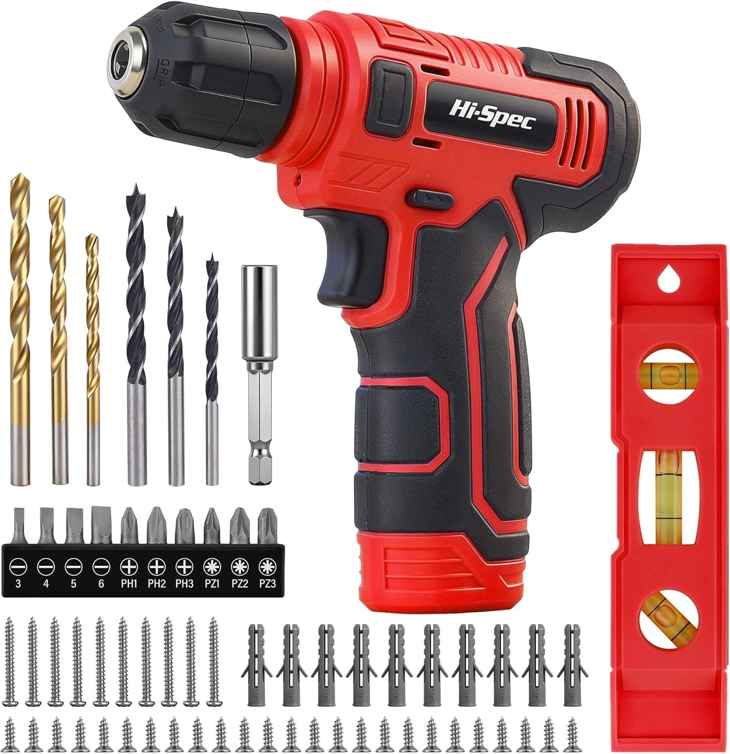 Hi-Spec 8V USB Cordless Drill Driver Kit w/ Drill & Screwdriver Bits Red