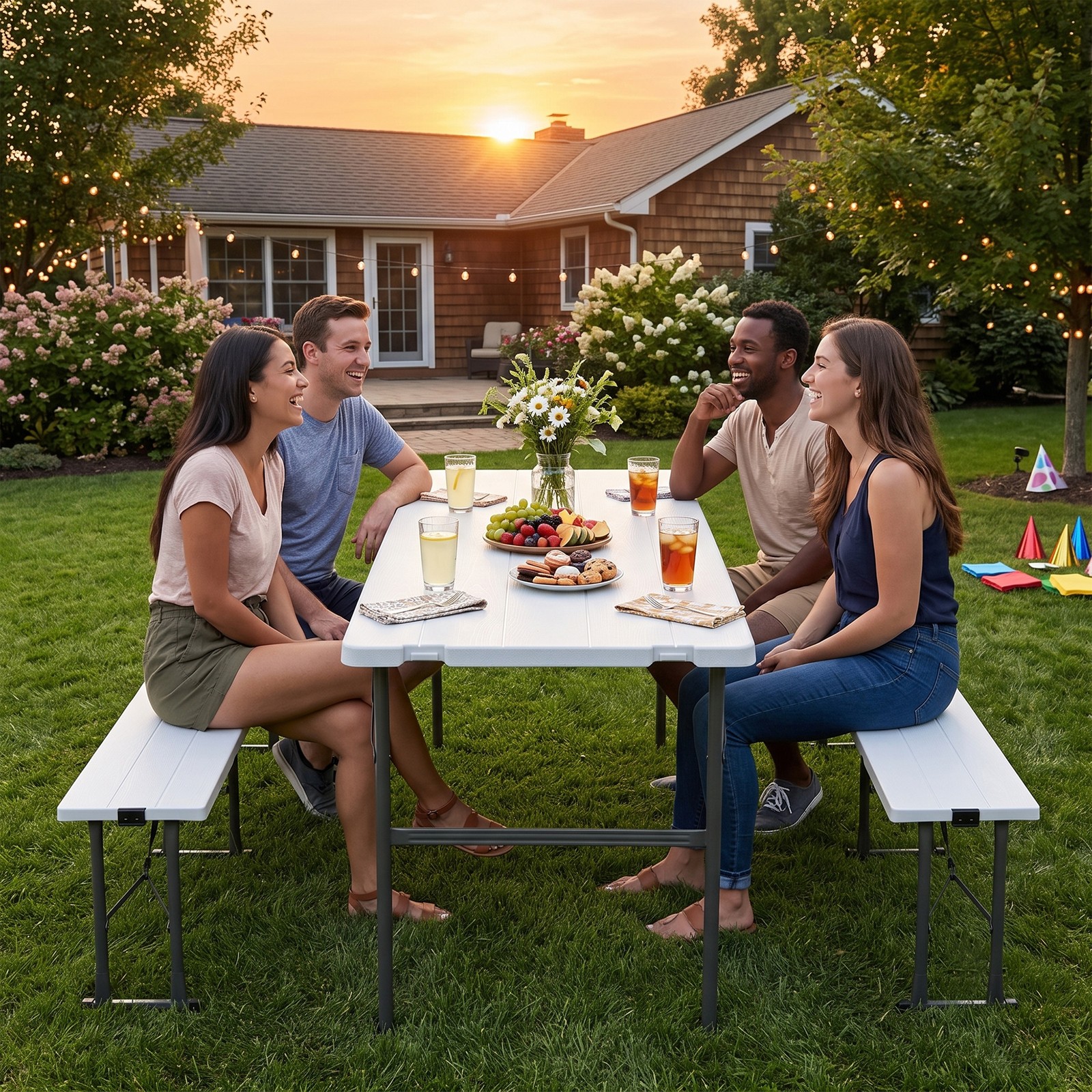 Compact Foldable Picnic Table with Storage Benches Weather Resistant HDPE Table