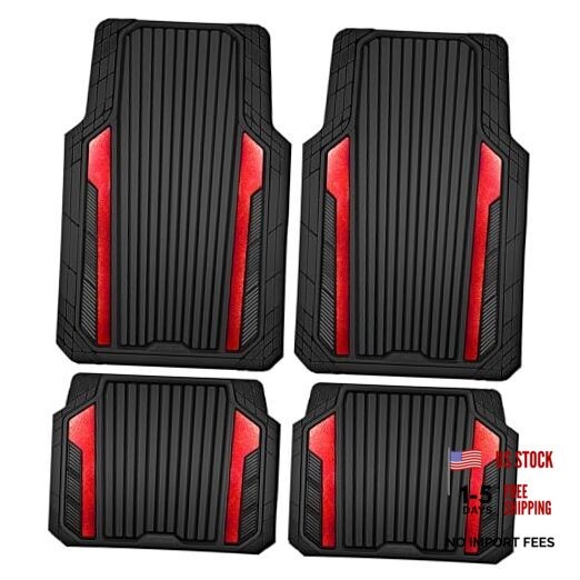 Heavy Duty Rubber Car Mats Metallic, Aluminum Film All Weather Floor BLack Red