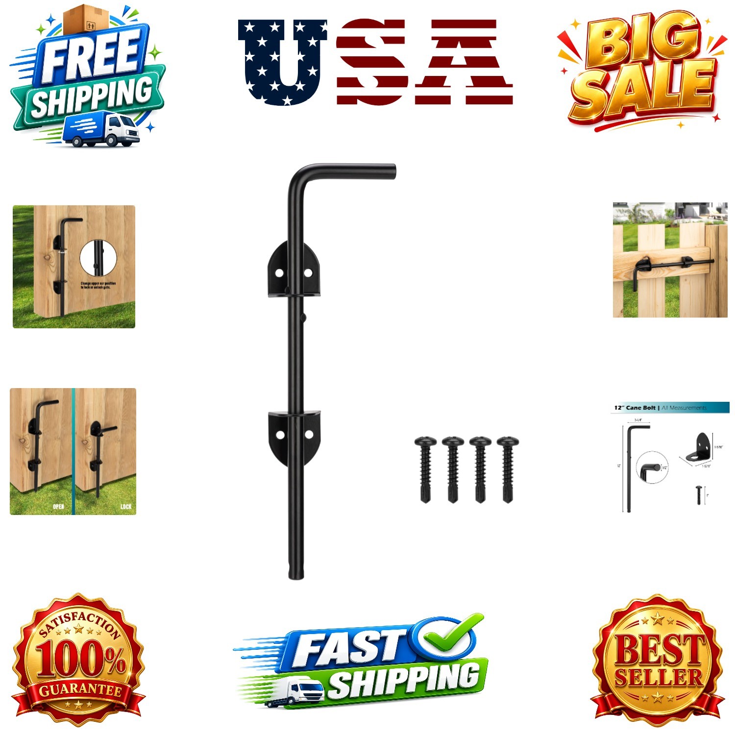 12" Cane Bolt Heavy Duty Drop Rod Gate Stopper Hardware, Gate Ground Latch fo...