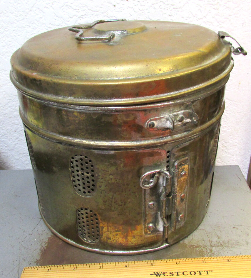 vintage medical surgical sterilizer brass pot container, large size 8 x 9 inches