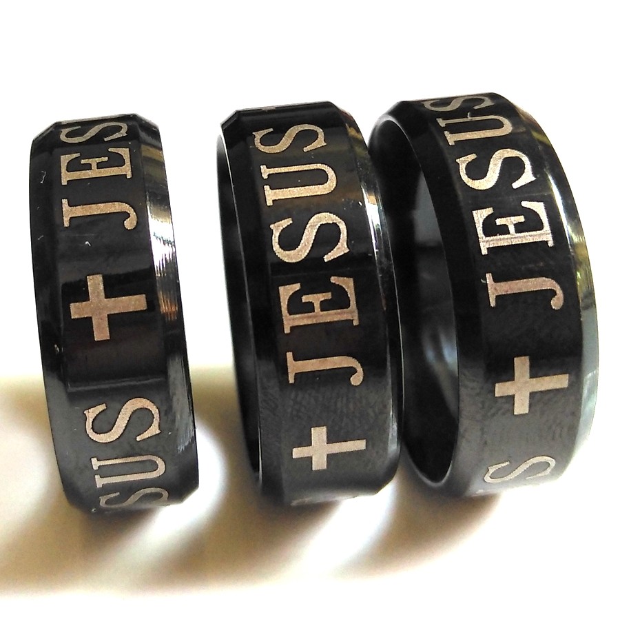 50 Men's Black JESUS CROSS Stainless Steel Religious Christian Rings Xmas Gift