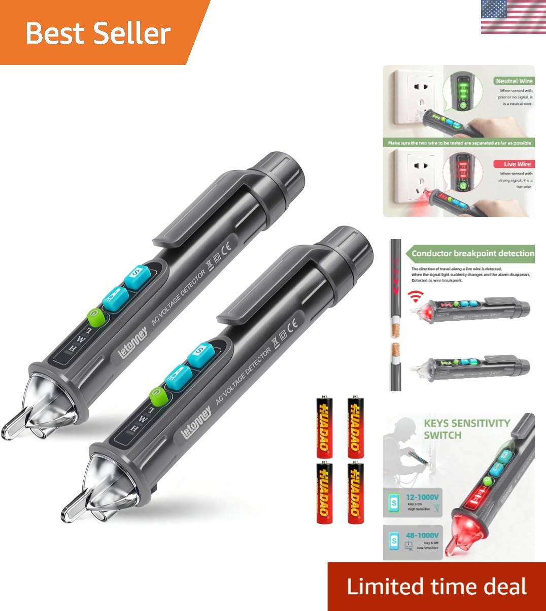 Compact Non-Contact Voltage Tester with LED Flashlight - 2PCS Grey Ideal for DIY