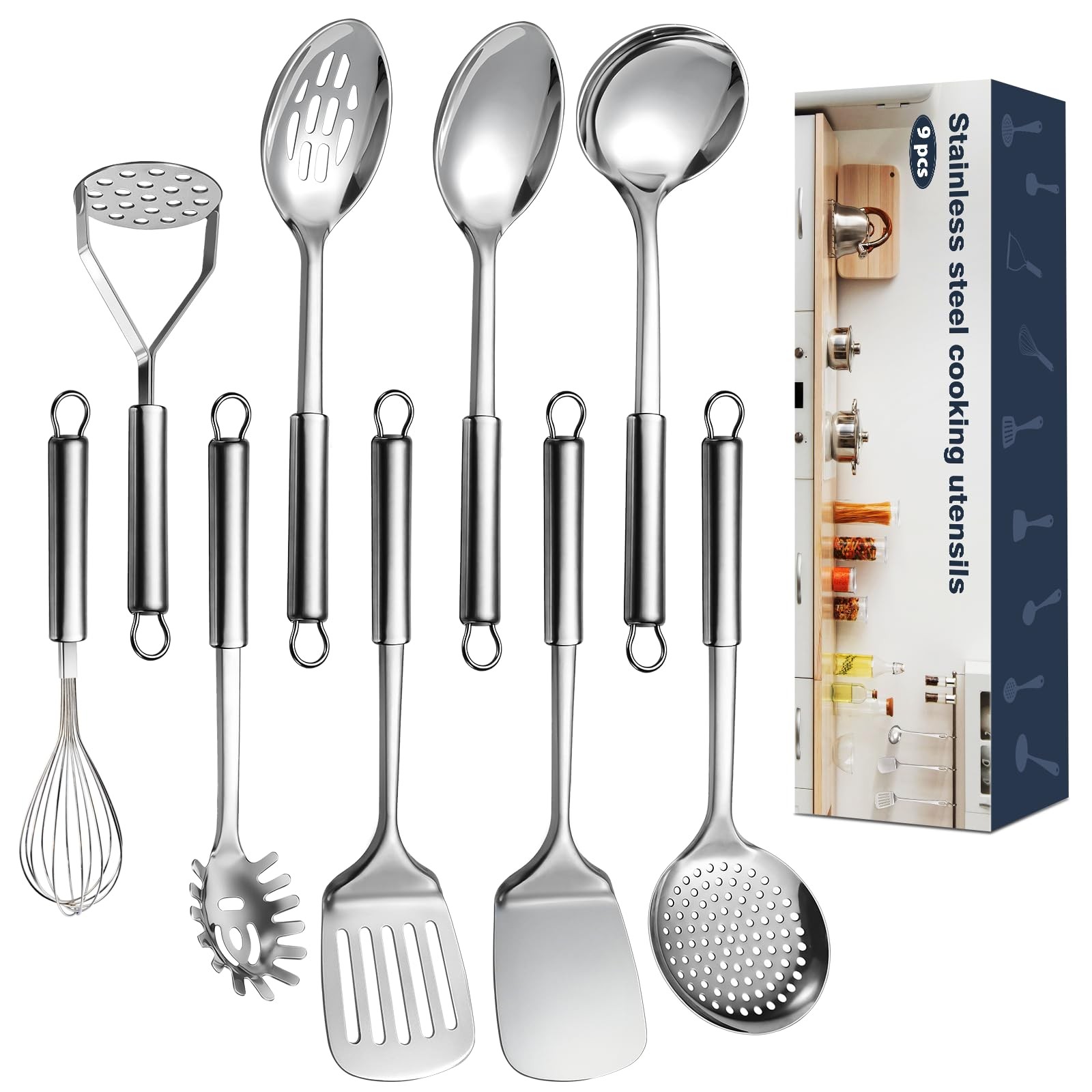 9 Pcs Cooking Utensils Set Stainless Steel Kitchen Utensils A. 9 Pieces