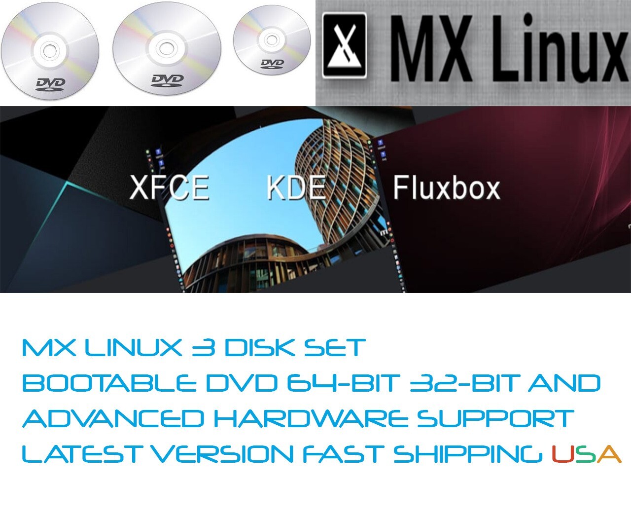 MX Linux XFCE KDE FlushBox 3 DVD SET 64bit 32bit AHS FAST SHIPPING USA