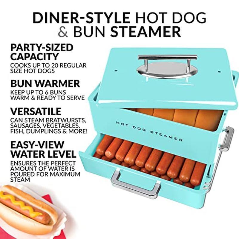 20 Hot Dogs 6 Bun Diner-Style Steamer Cooker Breakfast Sausages Brats Fish Aqua